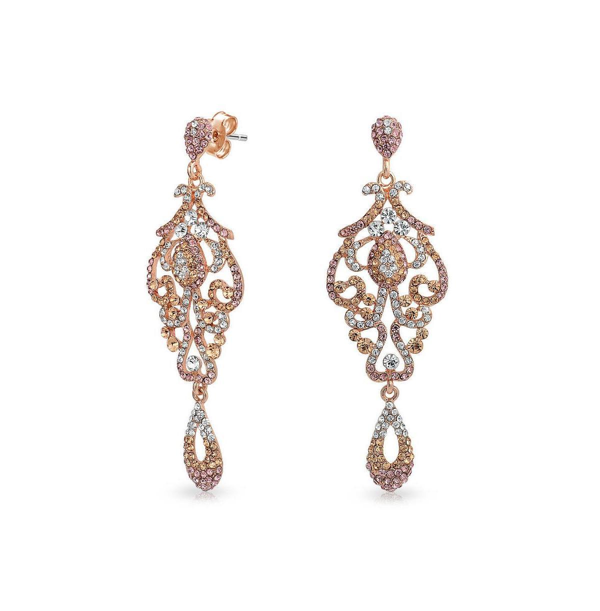 Bling Jewelry Pink Crystal Lace Chandelier Statement Prom Pageant Dangle Earrings For Women Rose Gold Plated Alloy Product Image