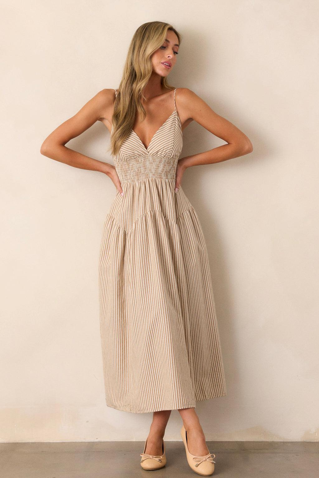 Sweet Harmony Tan Stripe Sleeveless Midi Dress Product Image