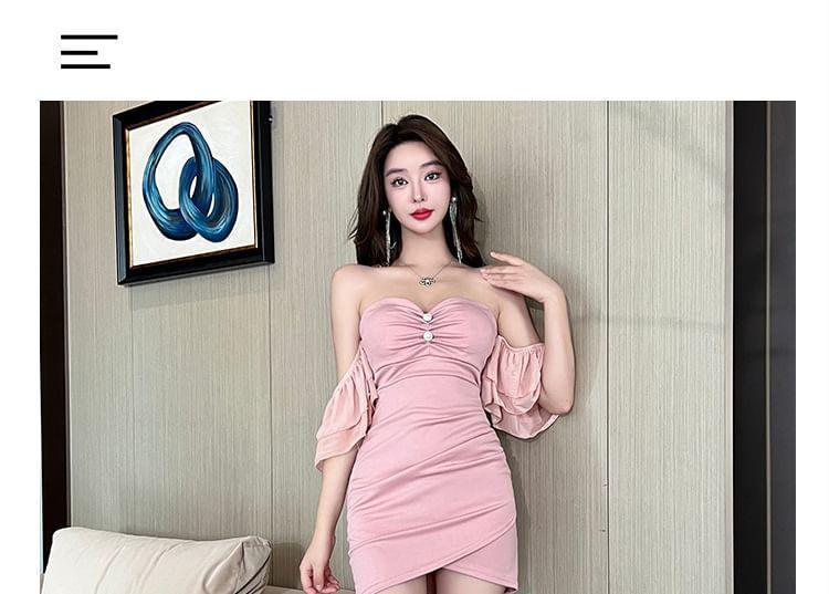 Sleeveless Off-Shoulder Plain Asymmetrical Mini Bodycon Dress Product Image