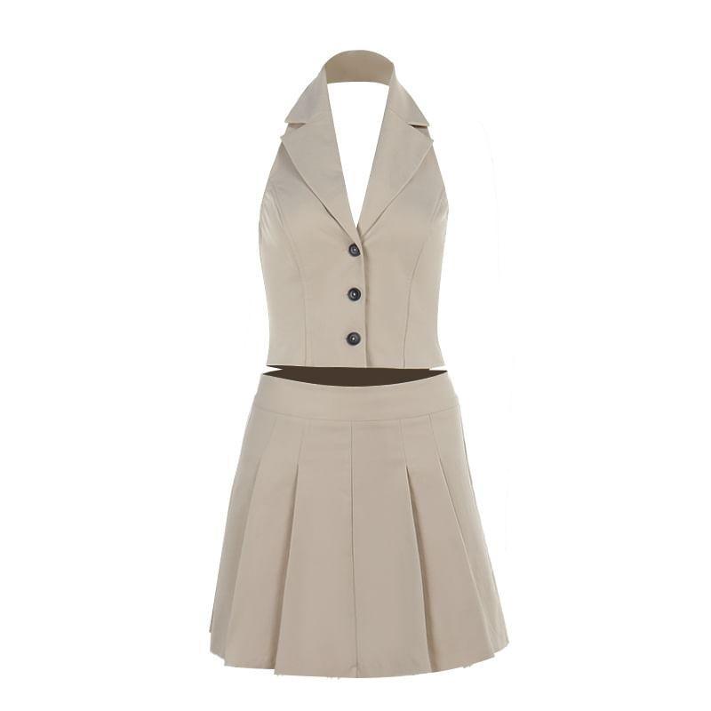 Set: V-Neck Plain Suit Vest + High Rise Mini A-Line Skirt Product Image