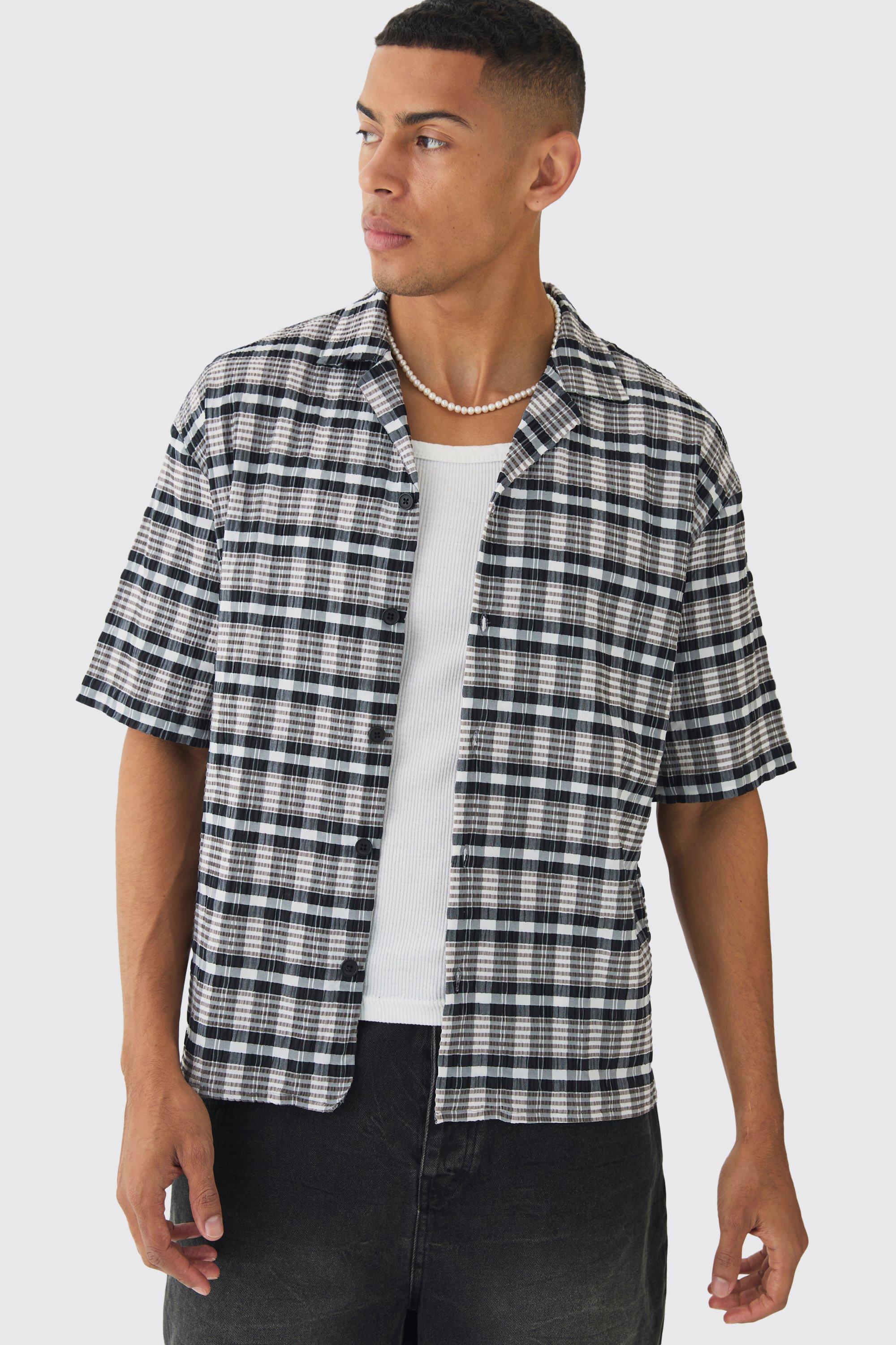 Oversized Seersucker Plaid Revere Short Sleeve Shirt | boohooMAN USA Product Image