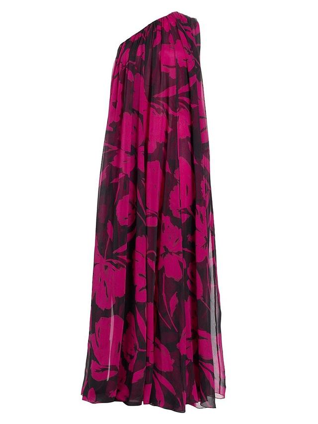 Womens Floral One-Shoulder Chiffon Gown - Fucshia Black - Size Small Product Image