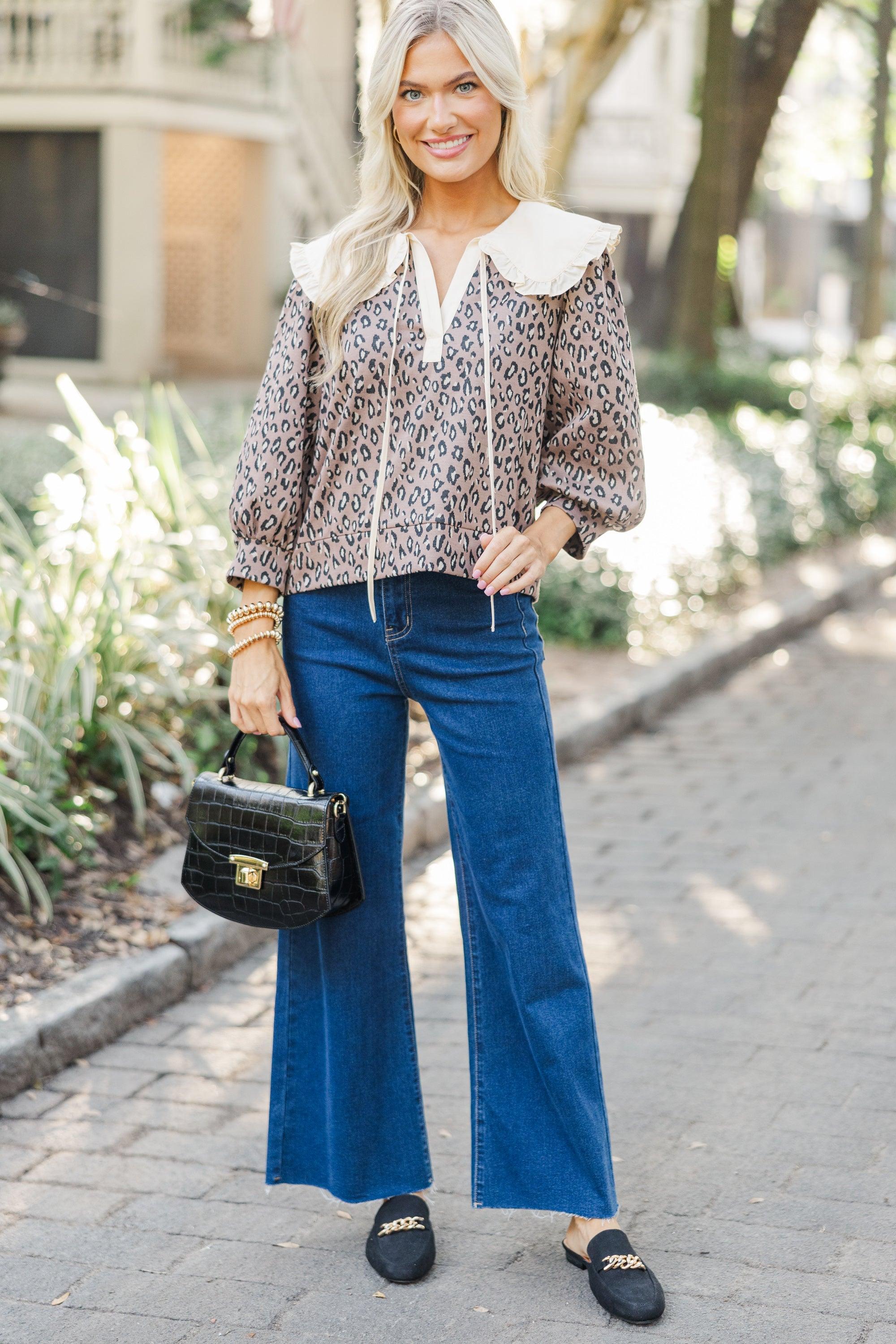 Just Name It Mocha Brown Leopard Blouse Female Product Image