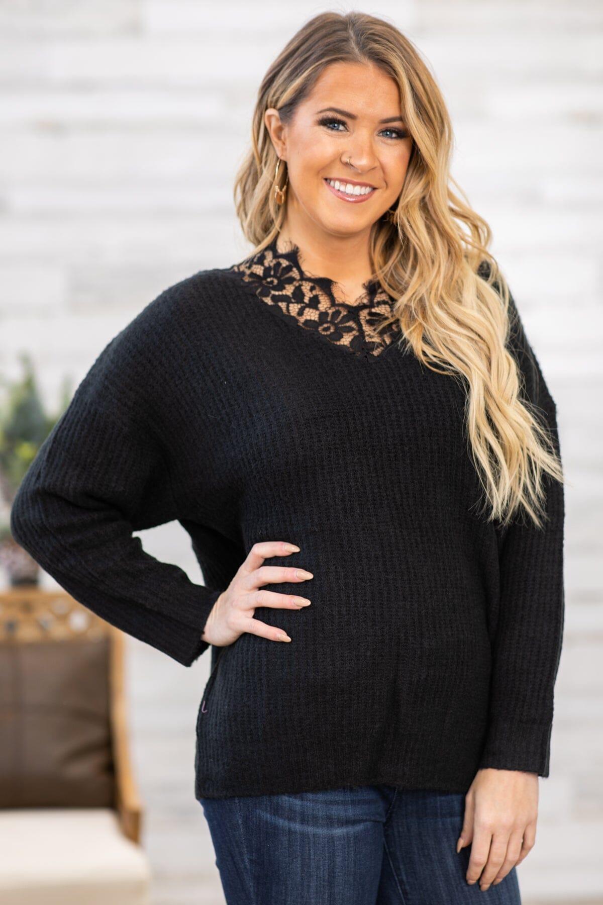 Black Lace Trim Rib Knit Sweater Product Image