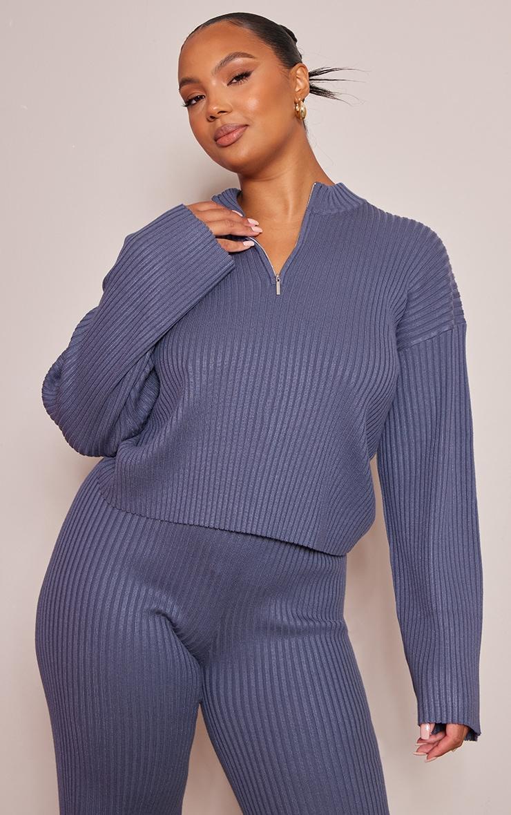 Plus Charcoal Blue Ribbed Knitted Long Sleeve Top Product Image