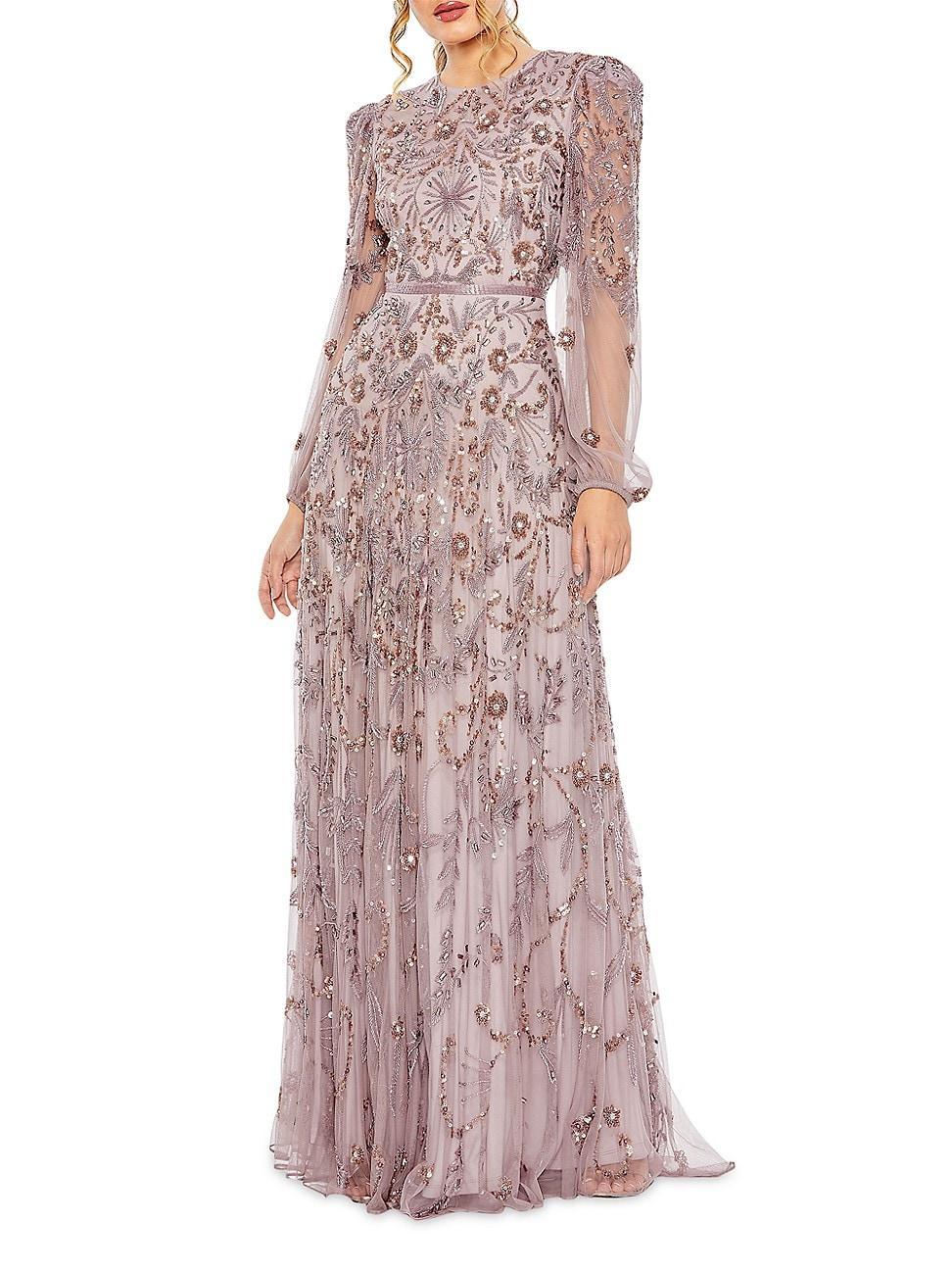 Womens Beaded & Sequined Puff-Sleeve Gown Product Image