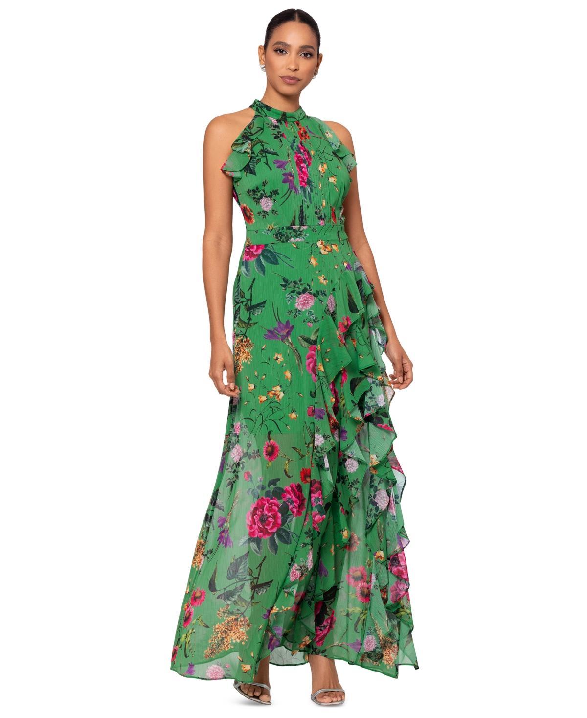 Betsy & Adam Womens Printed Cascade Ruffle Gown Product Image