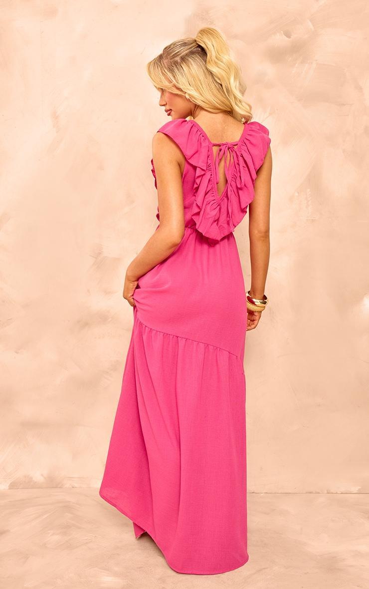 Fuchsia Linen V Neck Ruffle Maxi Dress Product Image