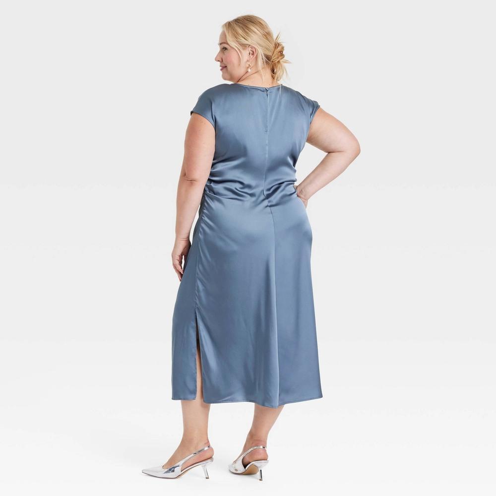 Women's Short Sleeve Ruched Midi Shift Dress - A New Day™ Blue 4X Product Image