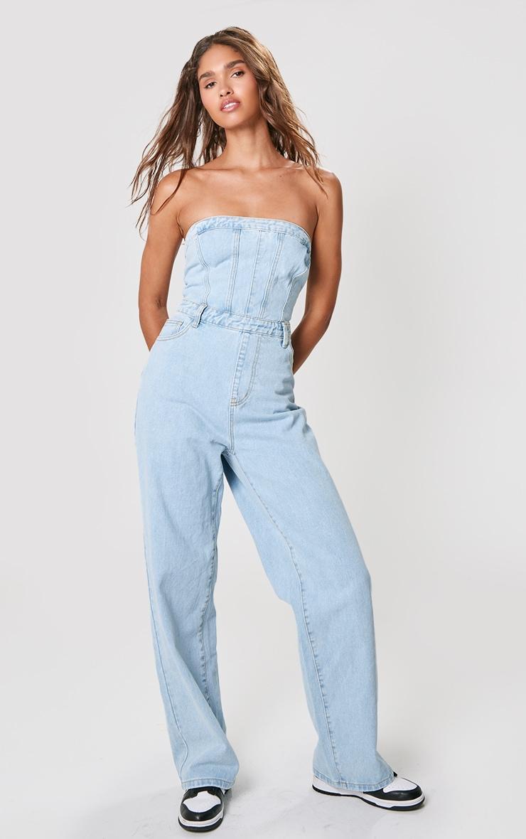 Light Blue Wash Bandeau Denim Jumpsuit Product Image