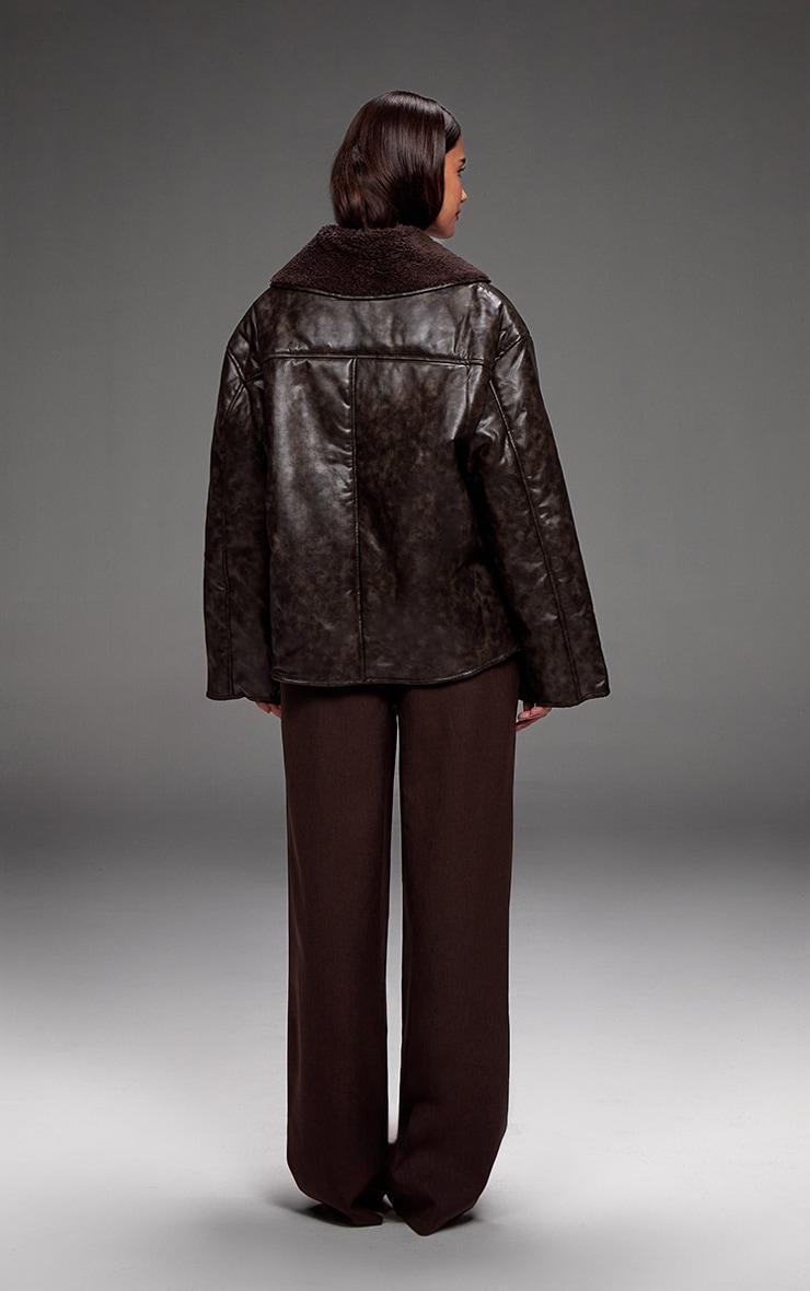 Chocolate Distressed Faux Leather Borg Contrast Aviator Jacket Product Image