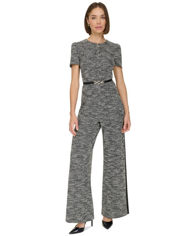 Tommy Hilfiger Womens Mixed-Media Belted Jumpsuit - Black Product Image