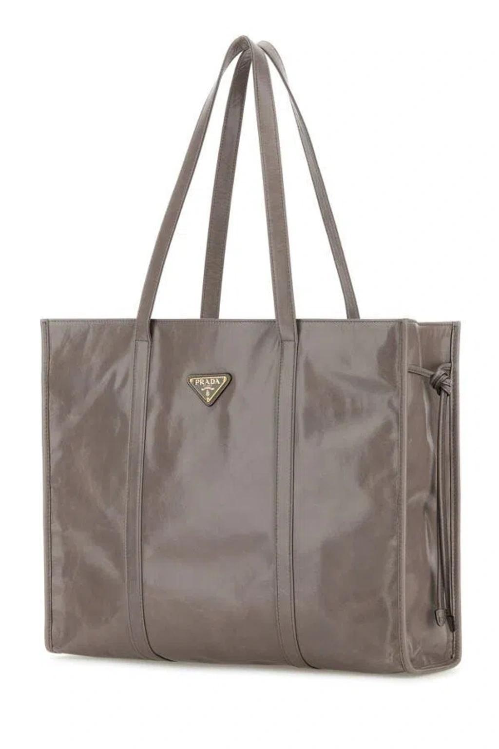 PRADA Woman Grey Leather Shopping Bag In Gray Product Image