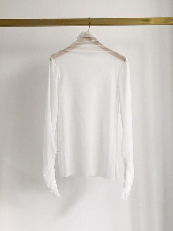 Long Sleeves Skinny Gauze See-Through Solid Color High Neck T-Shirts product image