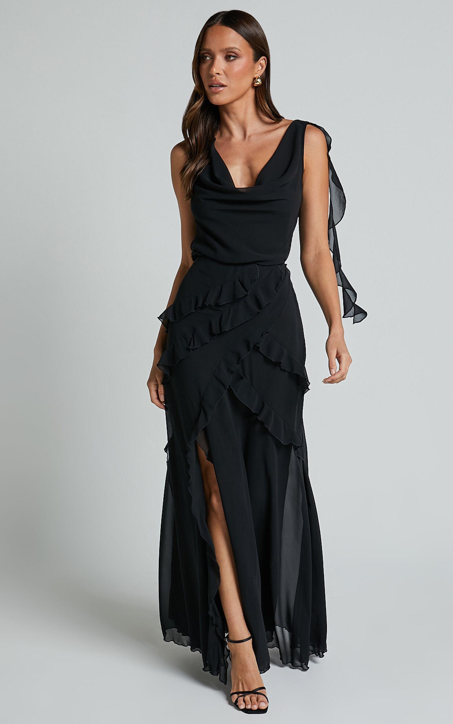 Arbor Top - Cowl Neck Ruffle Satin Top in Black Product Image