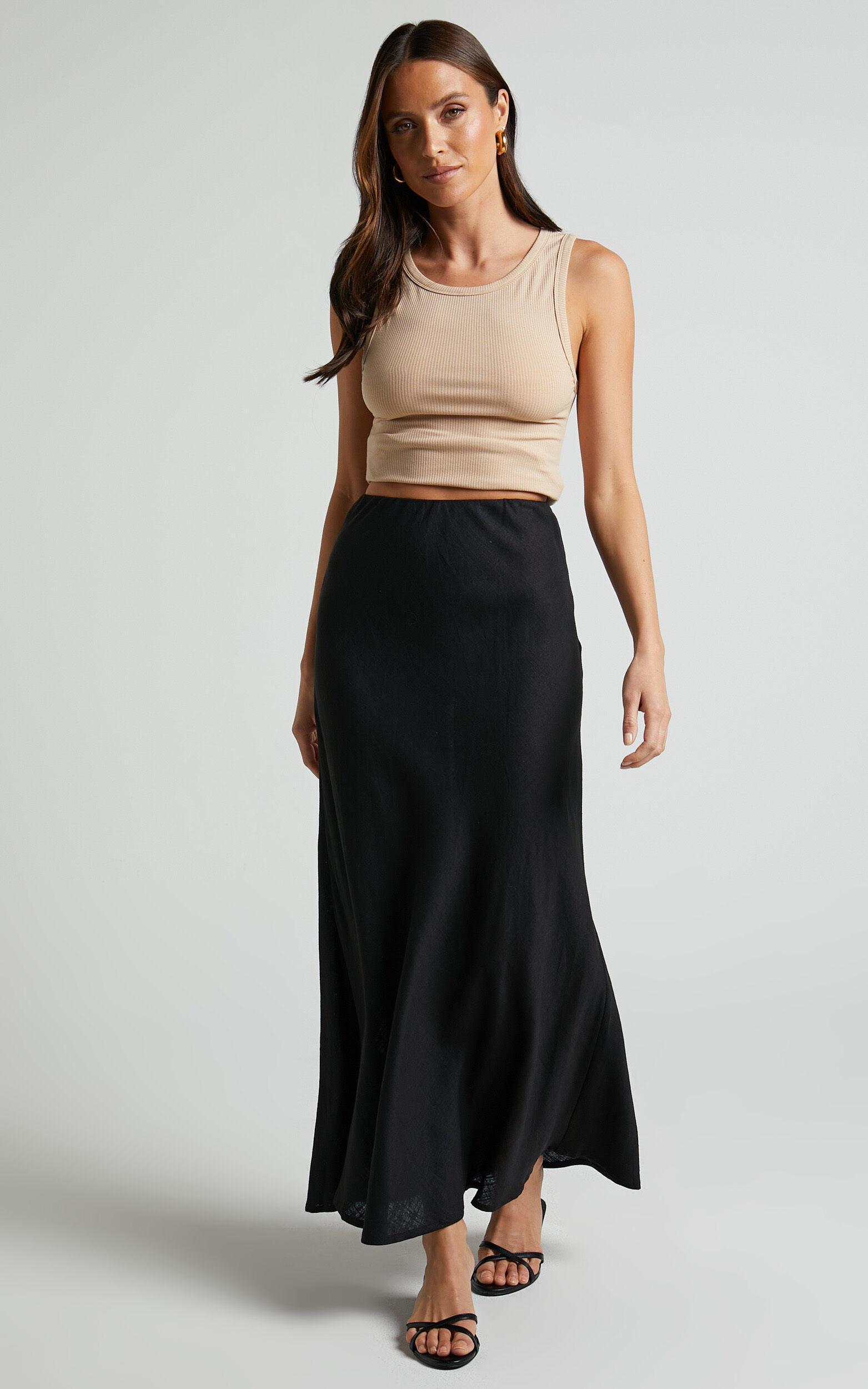 Collins Midi Skirt - Linen Look High Waisted Linen Look Bias Slip Skirt in Black Product Image