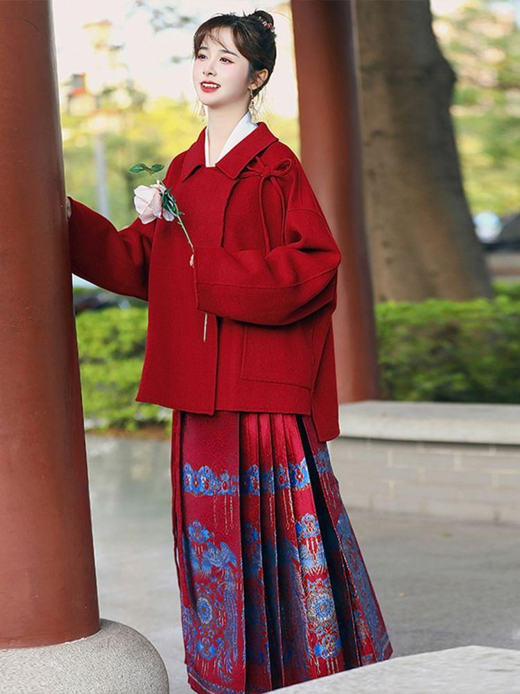 Maternity Asymmetrical Button-Up Coat / Long-Sleeve Mock Neck Midi A-Line Dress Product Image