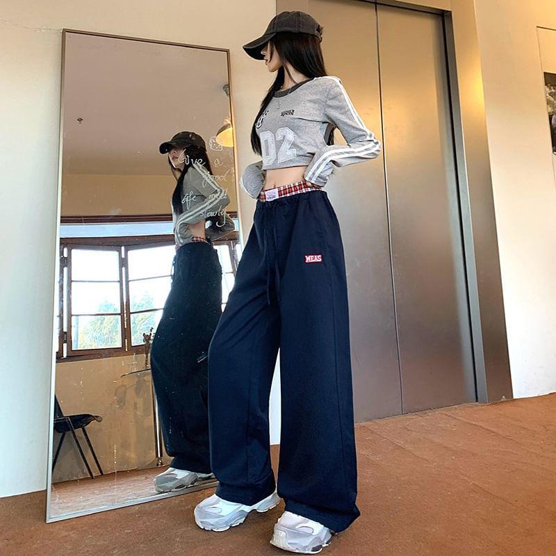 High Rise Plaid Panel Wide Leg Sweatpants Product Image