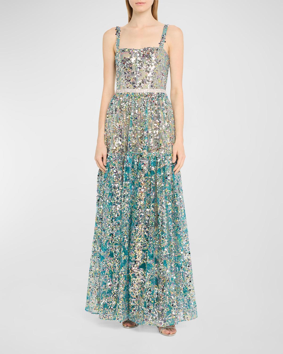 Womens Midnight Sequined Tiered A-Line Gown Product Image