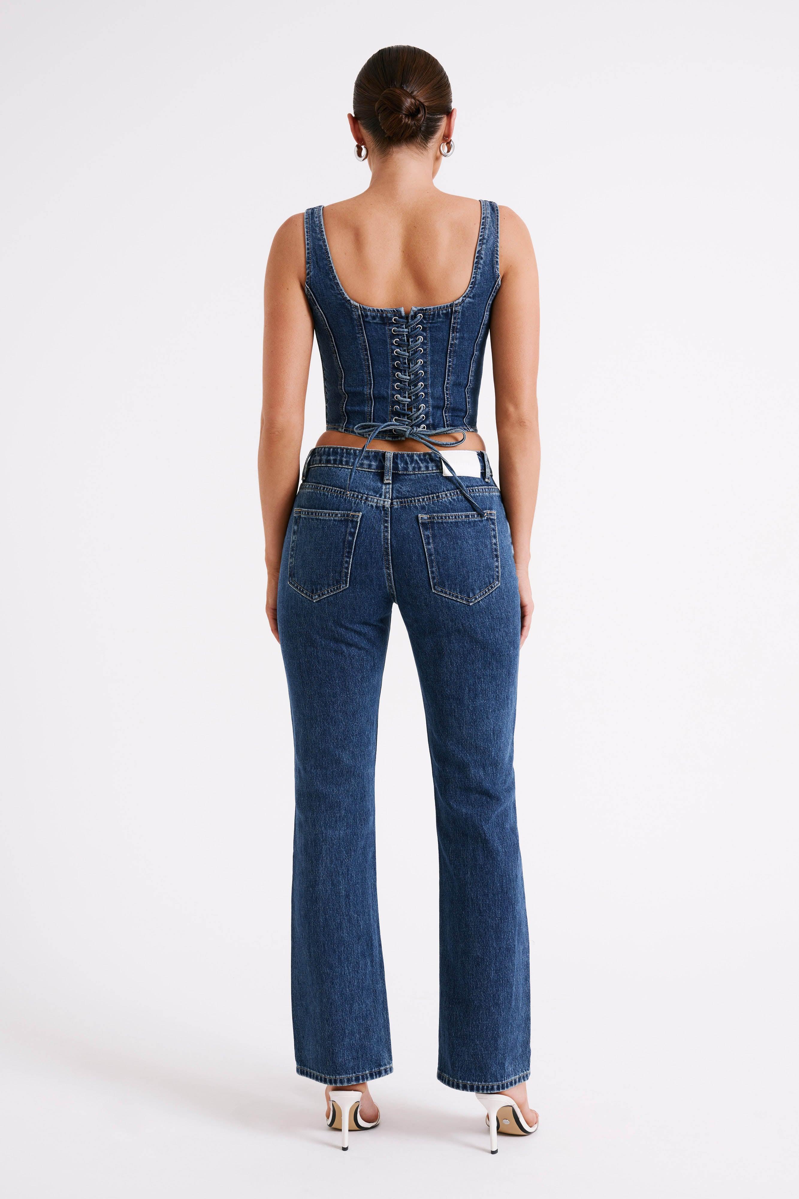 Bianca Denim Lace Up Corset - Dark Blue Product Image