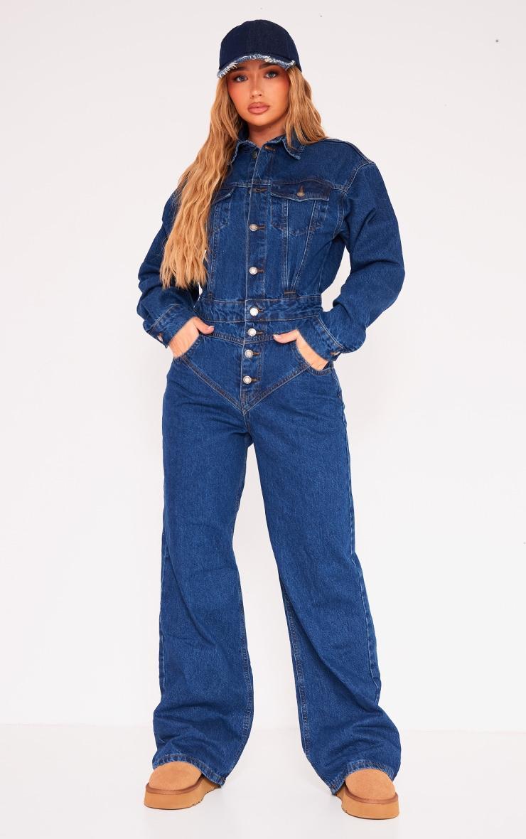 Indigo Blue Wash Seam Detail Button Up Denim Jumpsuit Product Image