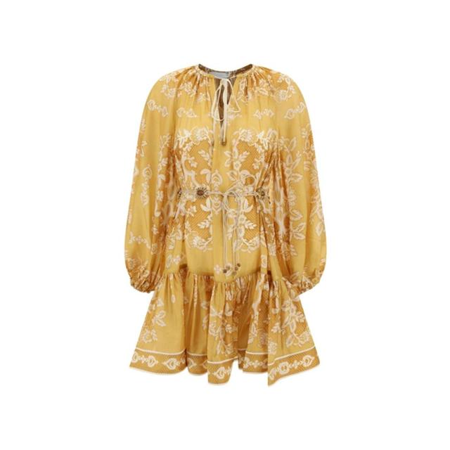 Yellow Raie Floral Print Silk Dress In Gold Product Image