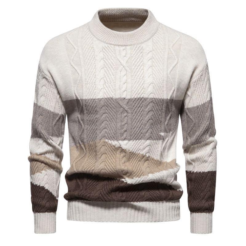 Crew Neck Color Block Striped Cable Knit Sweater Product Image