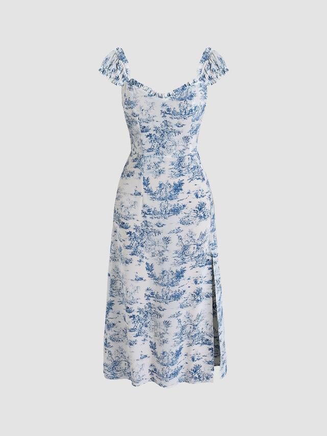 Toile de Jouy Ruffle Trim Slit Midi Dress Product Image