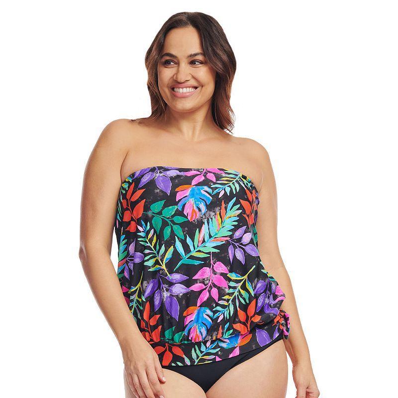 Plus Size Mazu Tropical Flora Draped Blouson Tankini Swim Top, Womens Product Image