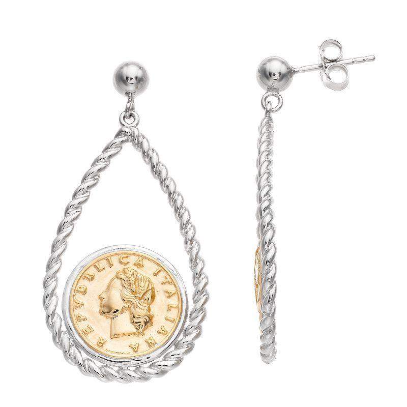 Two Tone Sterling Silver Replica Coin Drop Earrings, Womens, Grey Product Image