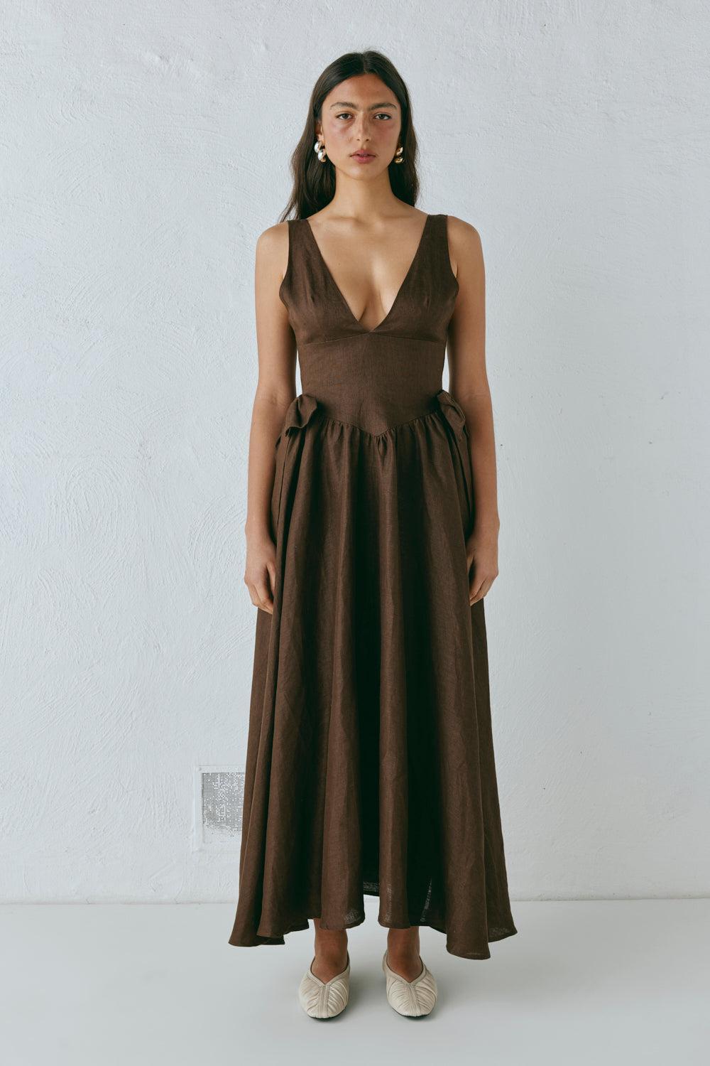 Daphne Linen Midi Dress Chocolate Product Image