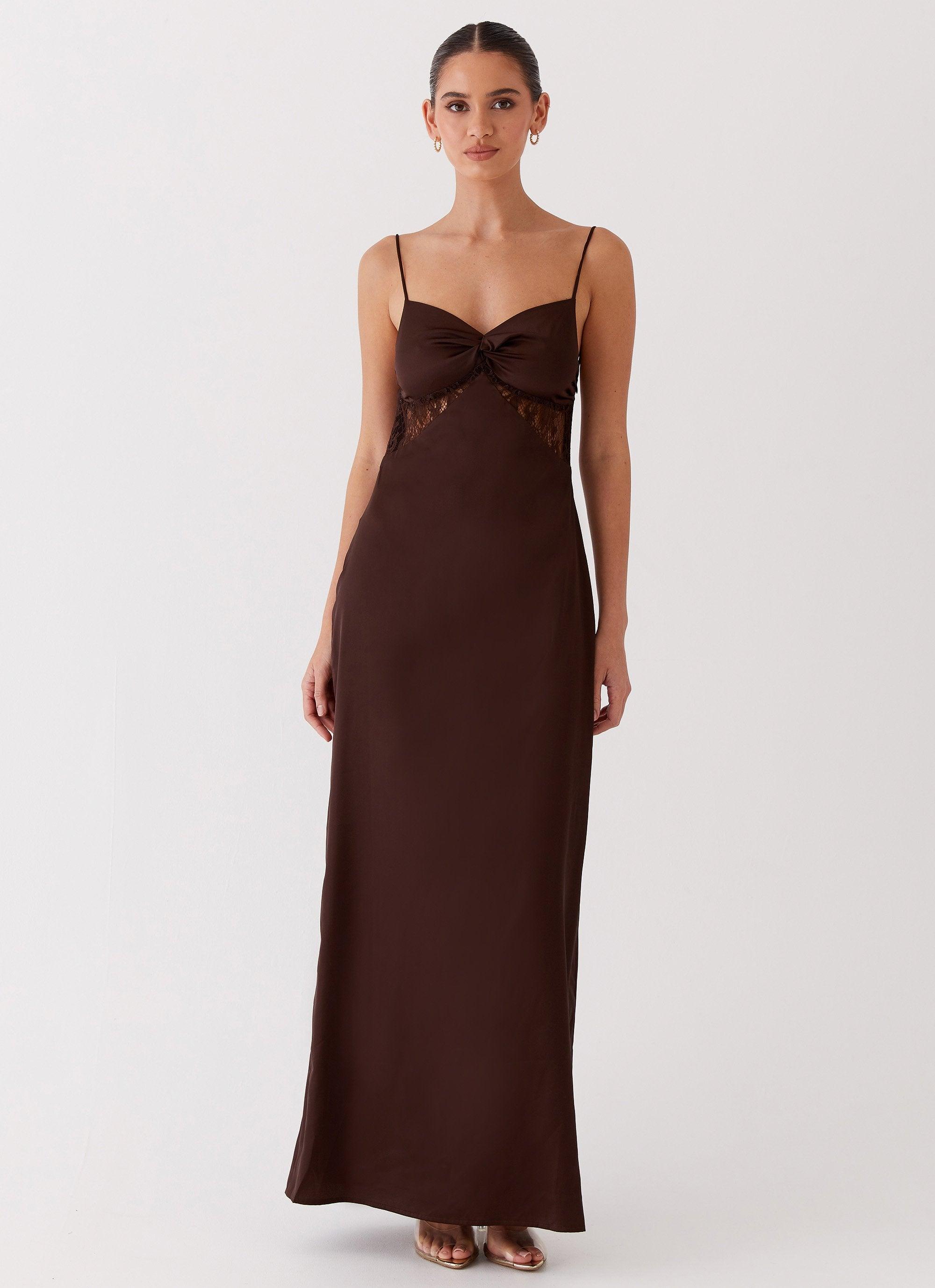 Dream Sight Lace Satin Maxi Dress - Chocolate Product Image