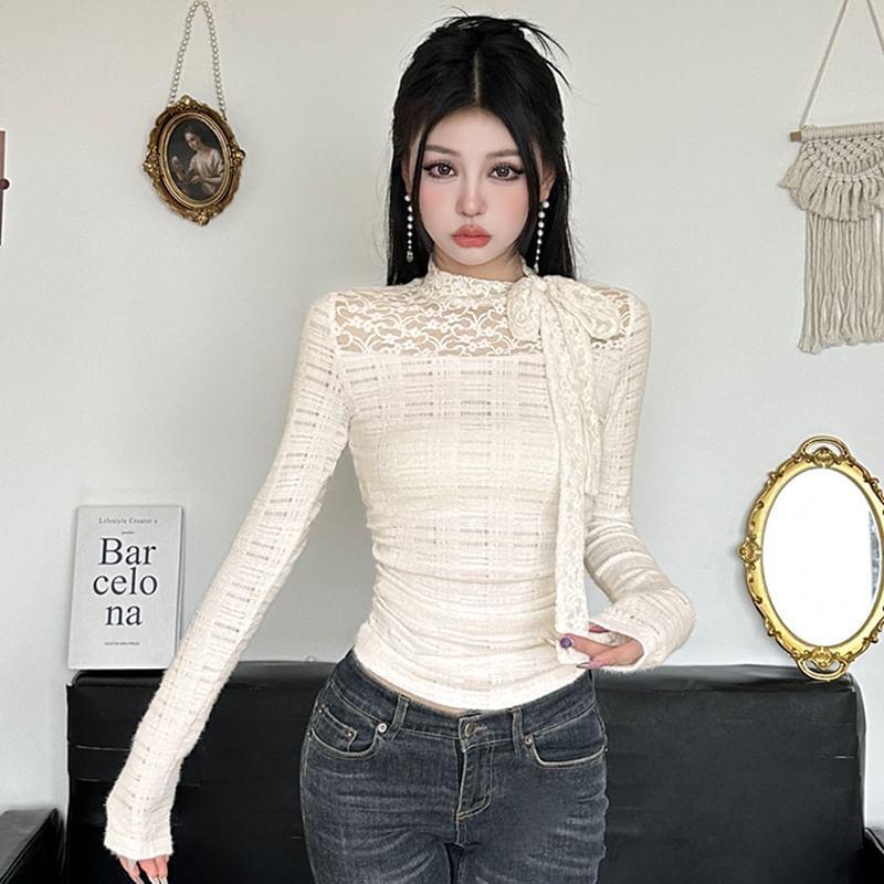 Long-Sleeve Tie-Neck Lace Slim Fit Top Product Image