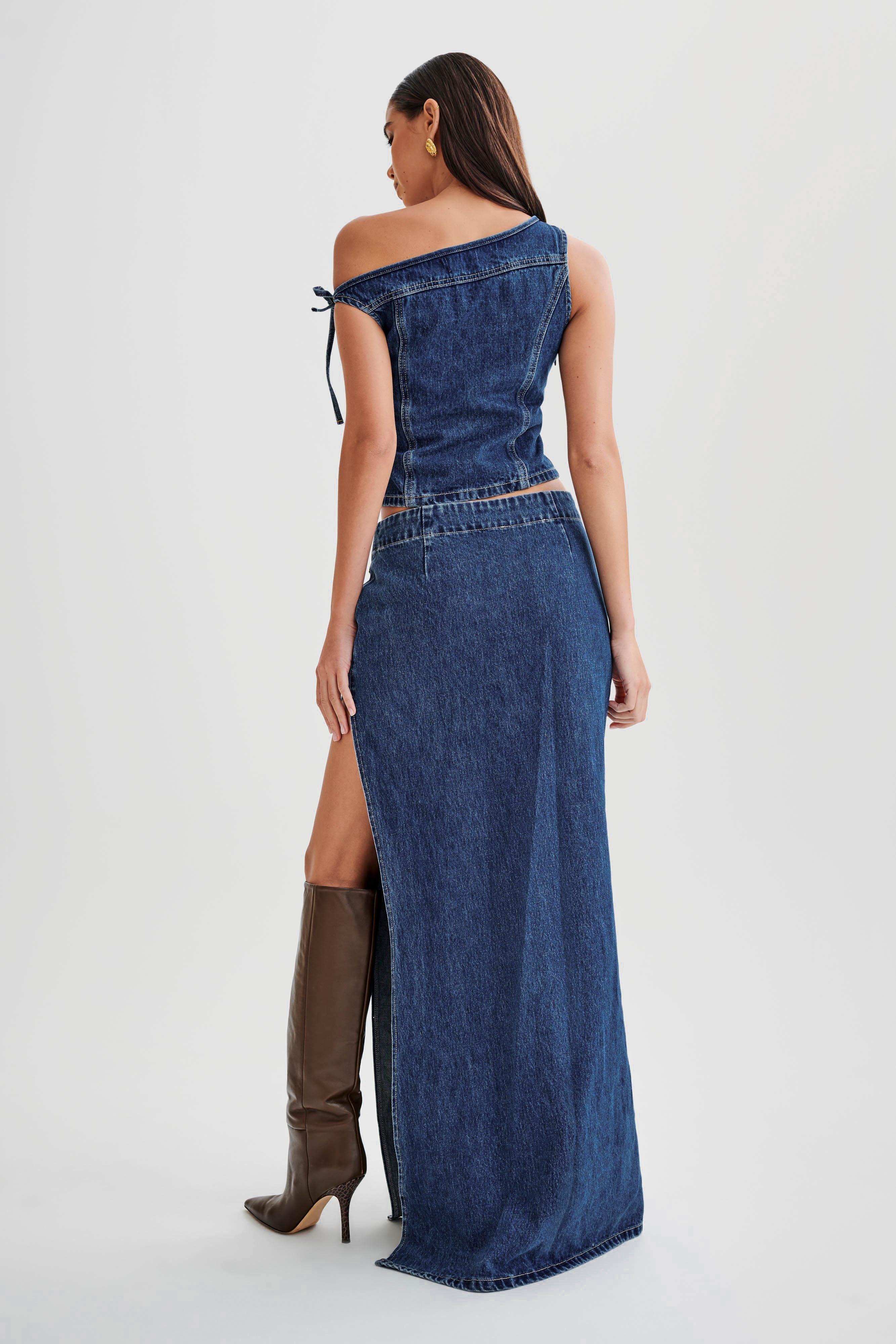 Ramsey Denim Maxi Skirt With Split - Dark Blue Product Image