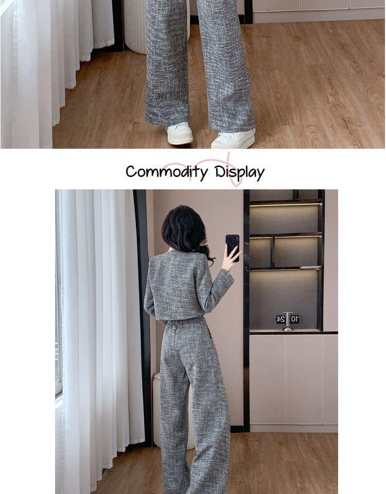 Set: Round Neck Beaded Tweed Button Jacket + High Waist Wide Leg Pants Product Image