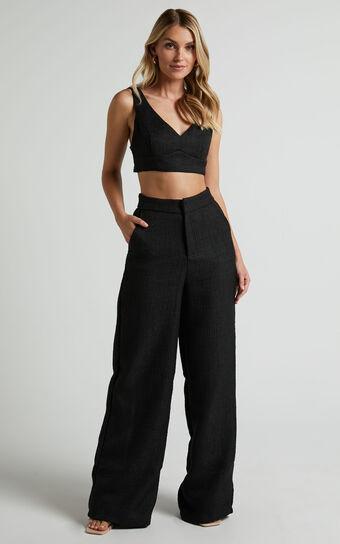 Adelaide Two Piece Set - Crop Top and Wide Leg Pants Set in Black Product Image