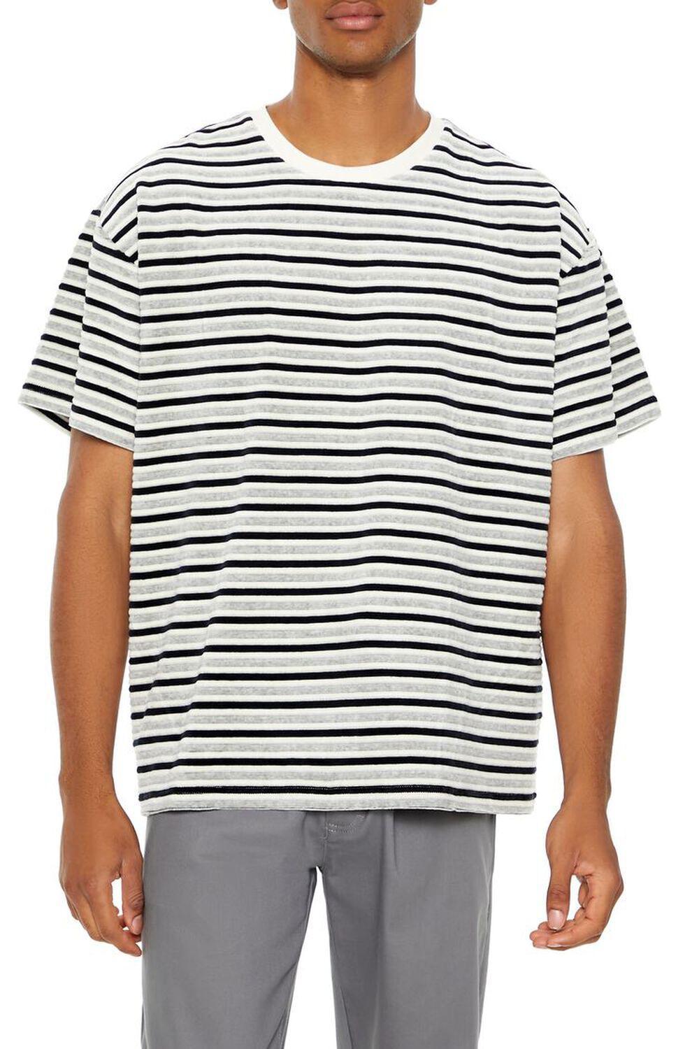 Oversized Textured Velour Stripe Crew Tee | Forever 21 Product Image