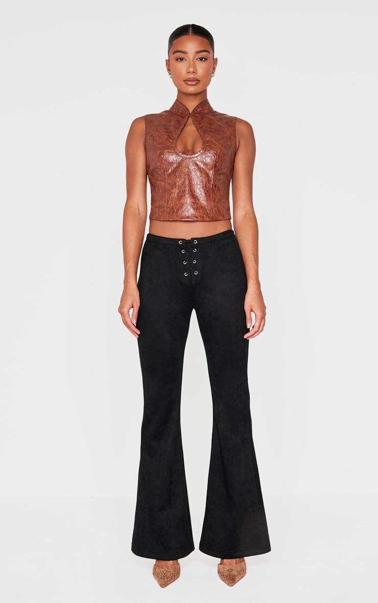 Brown Textured Faux Leather Keyhole Long Top Product Image