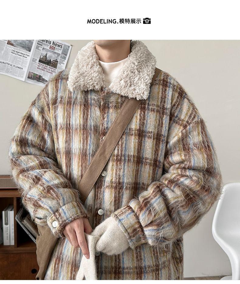 Fleece Collar Plaid Padded Button Jacket Product Image