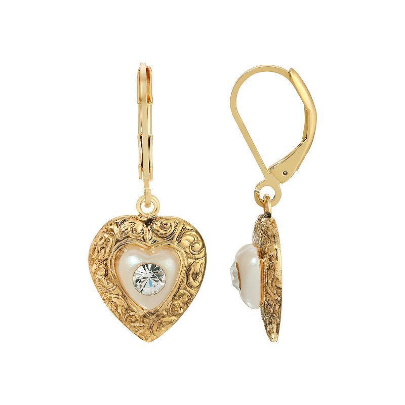 1928 Gold Tone Crystal Heart Shaped Drop Earrings, Womens, White Product Image