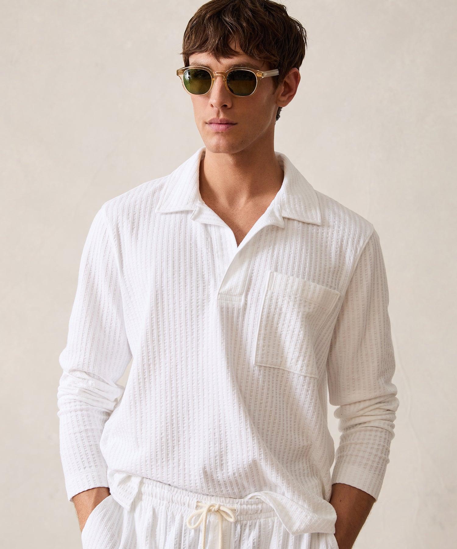 Long-Sleeve Knit Seersucker Polo in New White product image