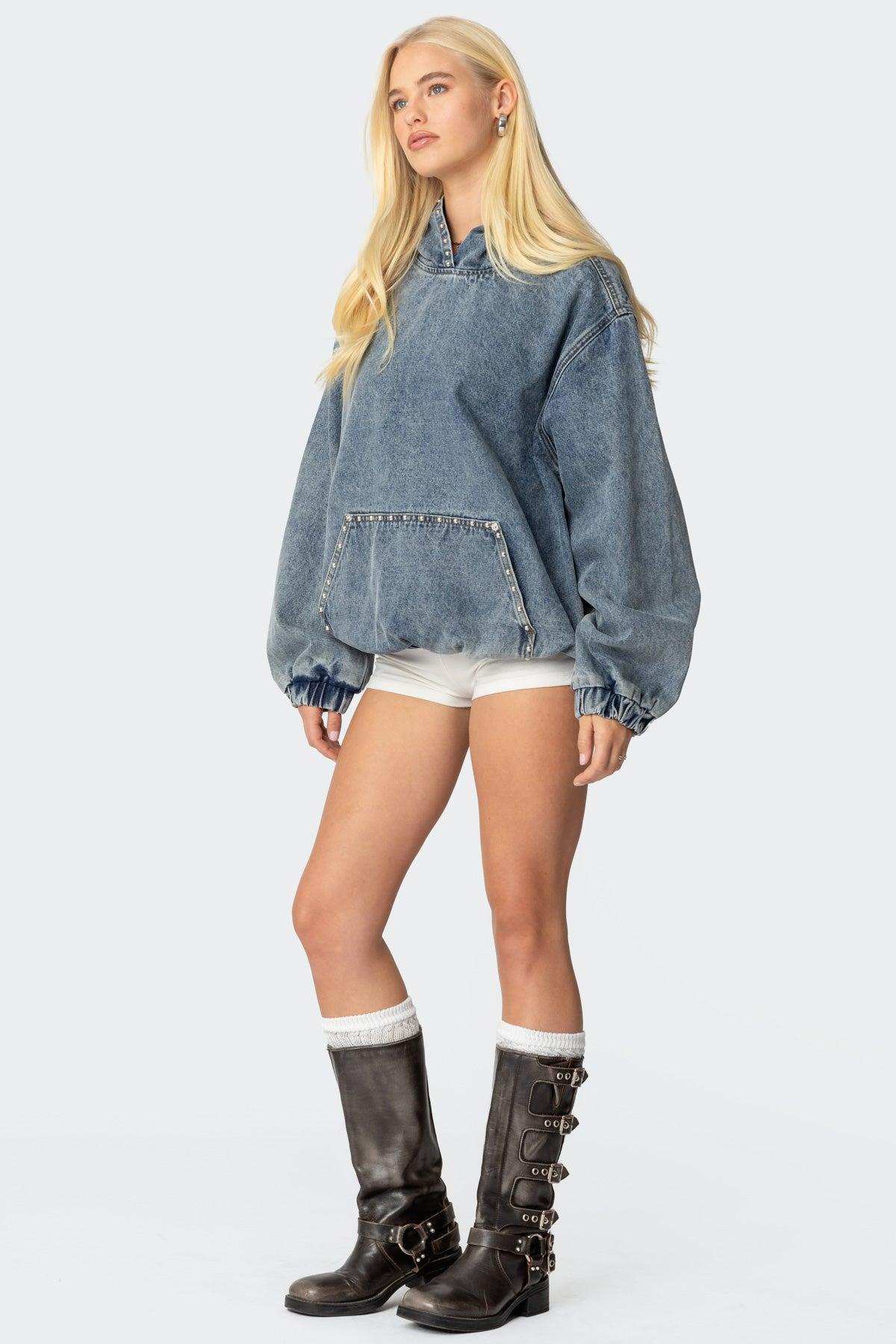 Marney Oversized Studded Denim Hoodie Product Image