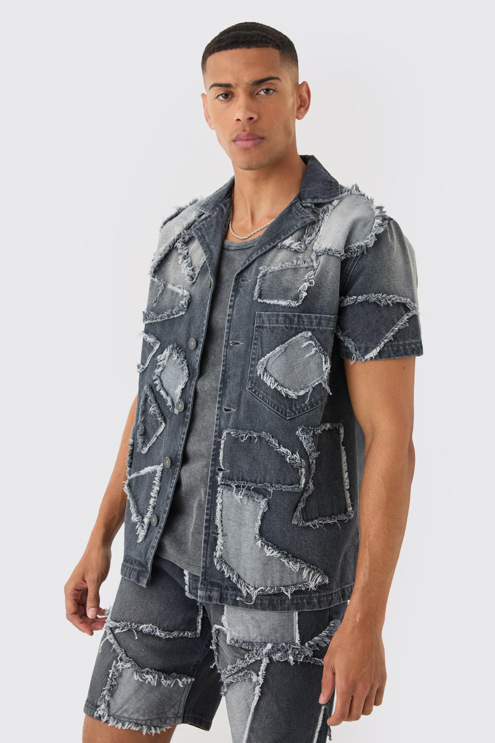 Mens Grey Distressed Patchwork Revere Denim Shirt In Charcoal, Grey Product Image