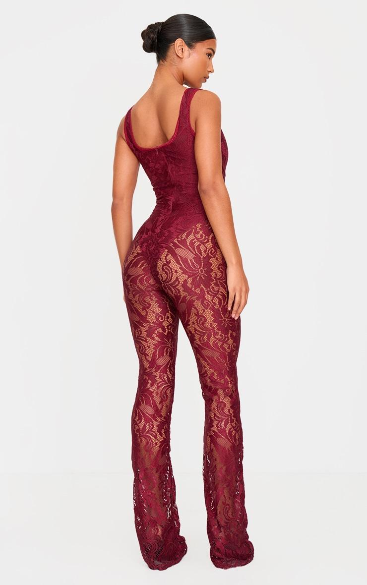 Burgundy Lace Boning Detail Flared Jumpsuit Product Image