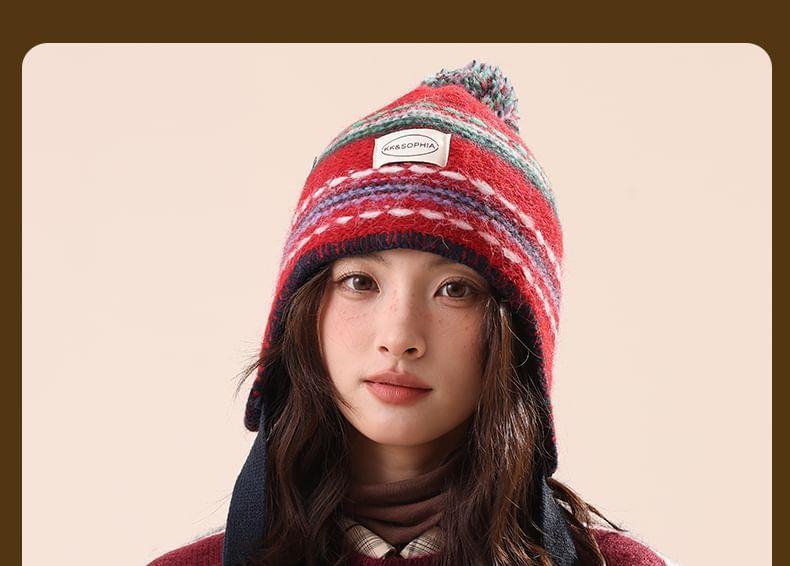 Color Block Applique Pom Pom Knit Beanie with Gloves Product Image