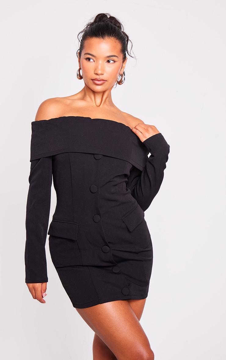 Black Off Shoulder Button Front Shift Blazer Dress Product Image