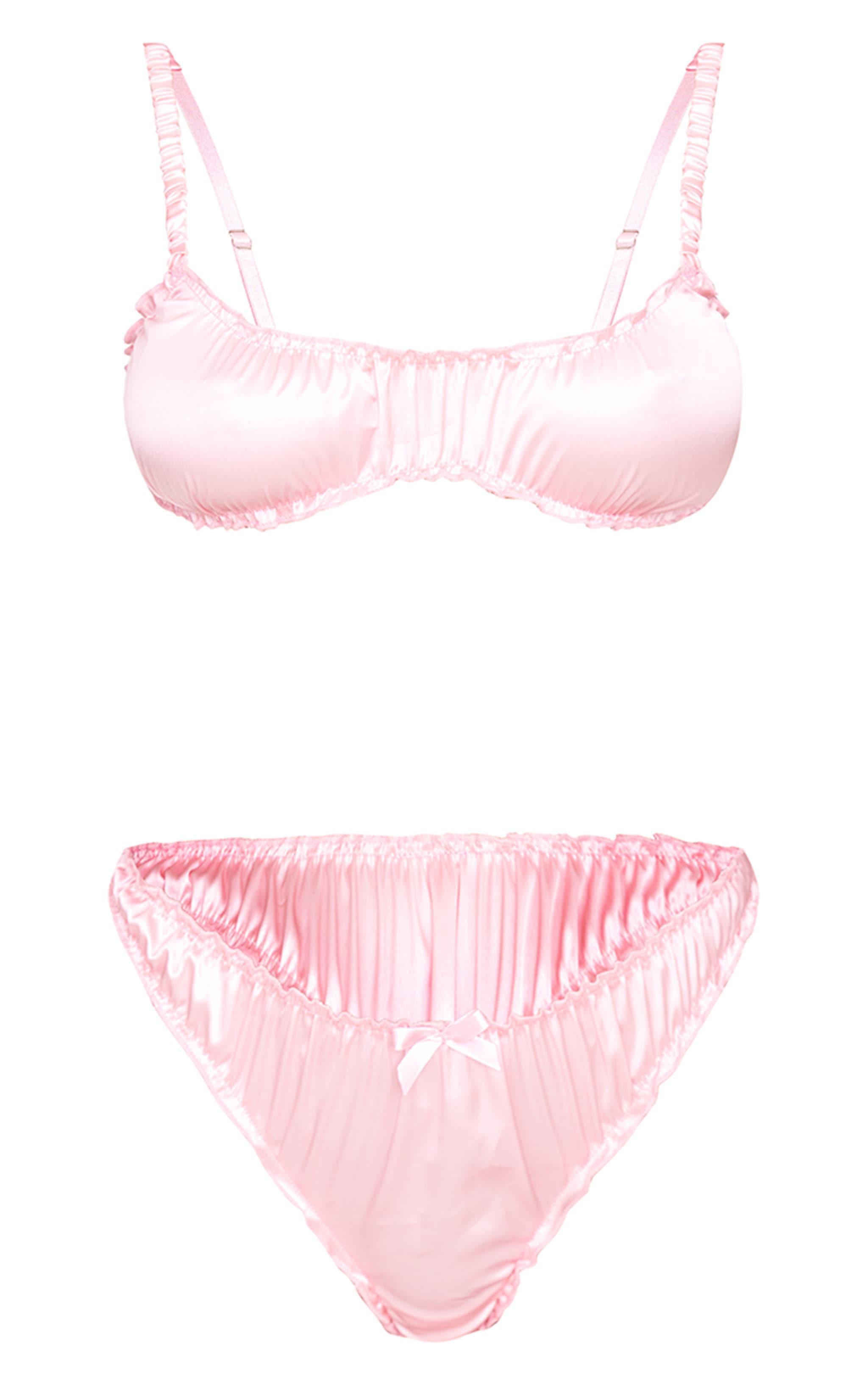 Pink Ruched Satin Frill Lingerie Set Product Image