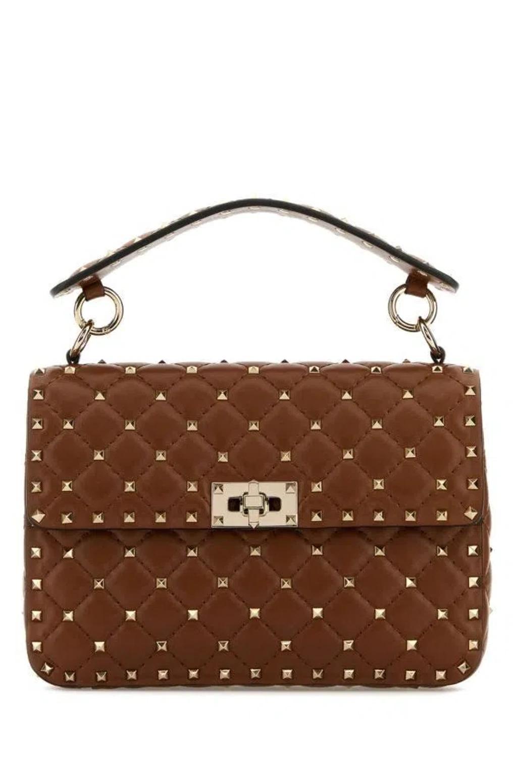 Brown Nappa Leather Medium Rockstud Spike Handbag Product Image