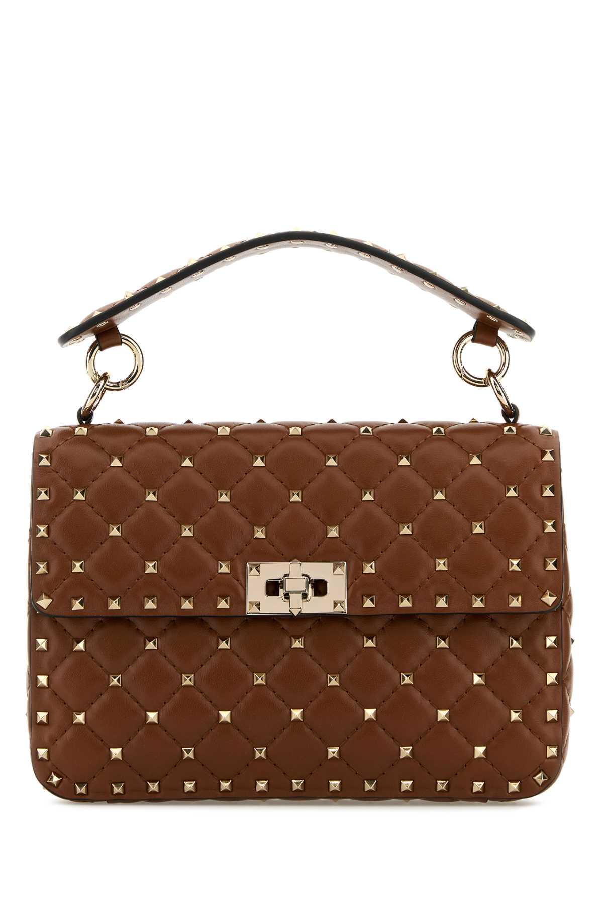 Brown Nappa Leather Medium Rockstud Spike Handbag Product Image