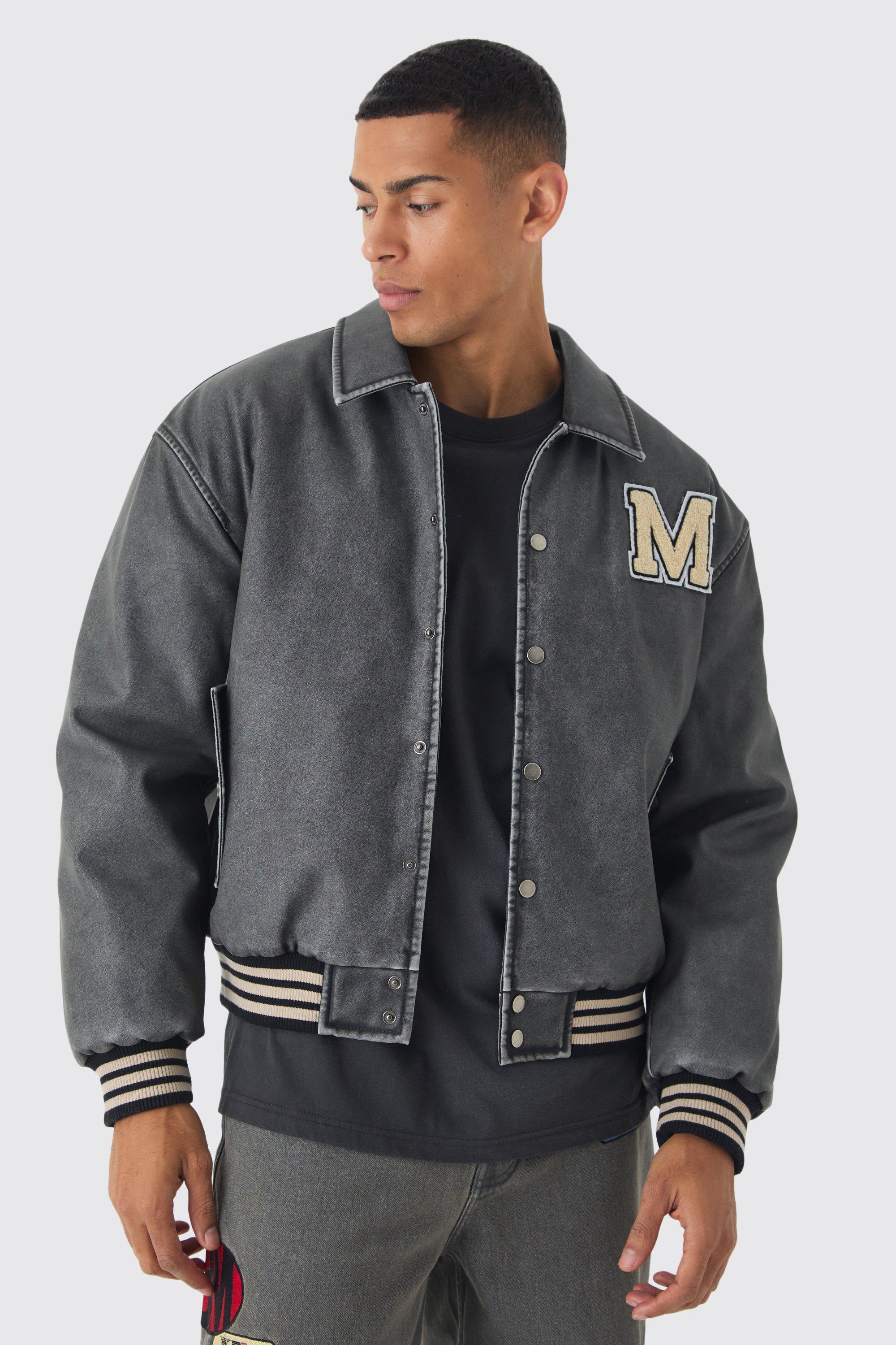 Boxy Washed Pu Varsity Jacket In Grey | boohooMAN USA Product Image